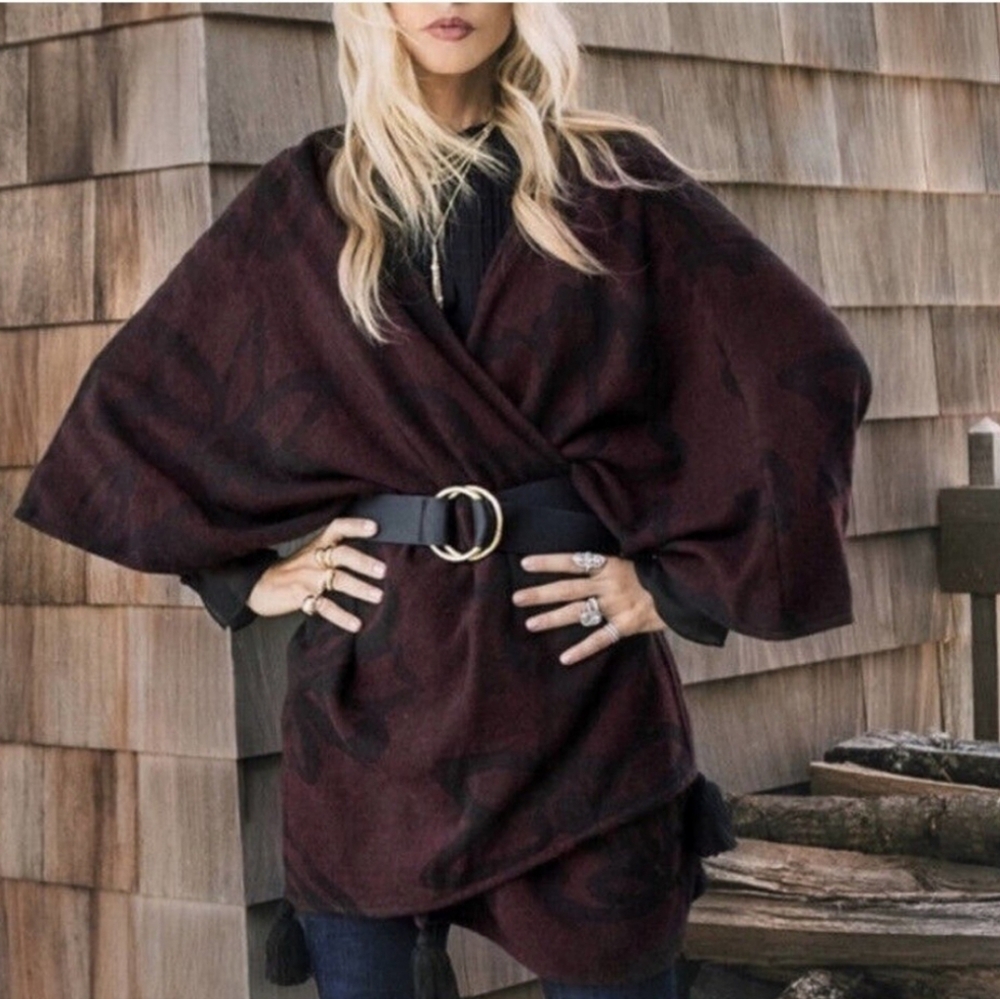 Cleobella Sevigny Capelet Poncho Oversized Burgundy Cardigan Open Front
